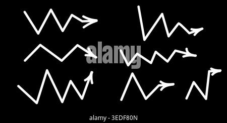 White arrow icons, black dot direction symbol, dotted pointer, zig zag arrow right direction. Vector flat set arrow Stock Vector