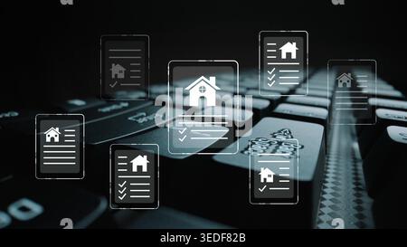 Digital Real Estate Management Concept with House Icons and Checklists on Computer Keyboard for Modern Property Management Solutions Gluon. Stock Photo