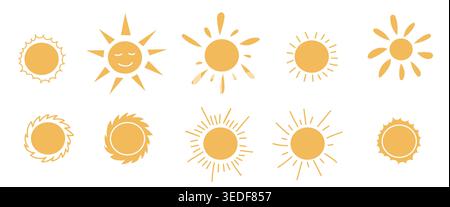 Orange doodle sun, icons set in doodle style. Sunset simple graphic symbols. Summer heat icons. Vector illustration Stock Vector