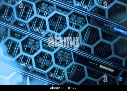 Close-up view of modern server hardware in a data center. The image showcases the intricate design and technology used for data storage and management Stock Photo