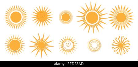 Orange doodle sun, icons set in doodle style. Sunset simple graphic symbols. Summer heat icons. Vector illustration Stock Vector