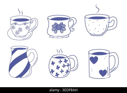 Hand drawn hot drinks set. Doodle coffee cups in blue. Coffee, tea.Vector illustration Stock Vector