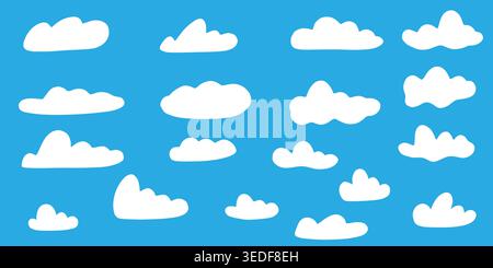 Set of of white cloud illustrations. Vector set of cartoon clouds in flat design.Cloud on the blue sky Stock Vector