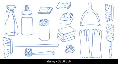 Set of outline doodle cleaning equipment.  household chemicals, towel, brush and gloves. Hand drawn laundry vector illustrations. Housework icon colle Stock Vector