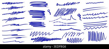 Set of hand drawn scribble pen blue line. Sloppy hatching, highlighter for trend modern design. Scratch texture sketchy graphic design element. Templa Stock Vector