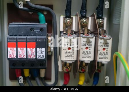 Close-up of an electrical circuit breaker control panel showcasing various components and wiring details essential for safety and functionality in ele Stock Photo