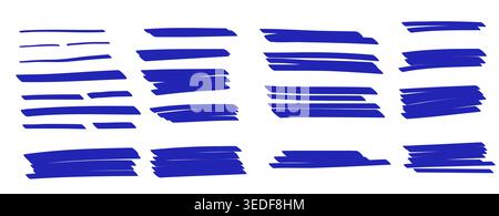 Set of hand drawn scribble marker blue line. Sloppy hatching, highlighter for trend modern design. Scratch texture sketchy graphic design element. Tem Stock Vector