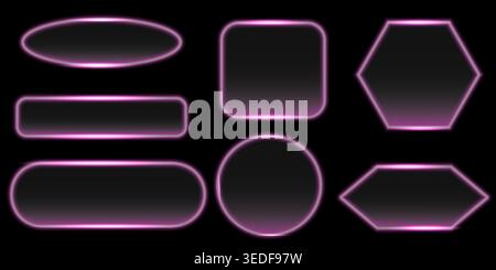 Set Neon pink light glow 3d frame buttons design and clear call action contrast, flat vector with oval, circle, pile etc. Stock Vector