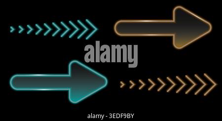 A set of neon blue, yellow directional arrows in different color. Blue neon arrow elements. Yellow glowing led direction sign. Shine tube lamps in arr Stock Vector