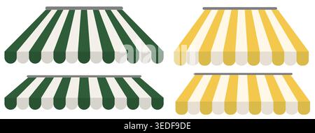 Realistic green, yellow striped awning marquee in different colours. Vector illustration on white background. Front view. Stock Vector