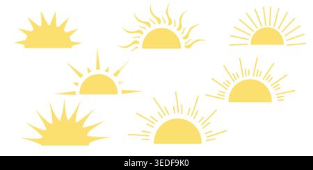 SEt of half sun, yellow flat vector illustration, logo design Stock Vector