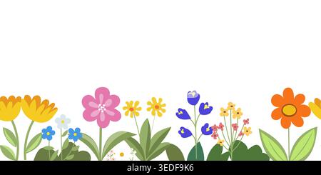 Vector seamless horizontal banner of blossom spring summer flowers. Vector flat style flower landscape border. Wildflowers isolated on white backgroun Stock Vector