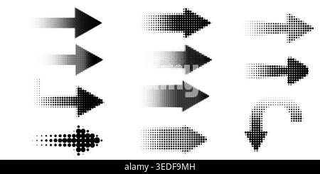 Halftone arrow icons, black dot direction symbol, dotted pointer, straight arrow with fade effect. Vector set arrow Stock Vector