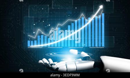 A futuristic robotic hand showcases a digital graph indicating growth and success. This image represents the intersection of technology and business Stock Photo