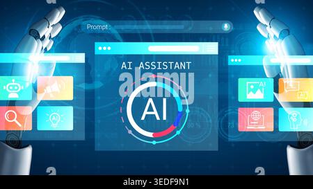 Futuristic Robotic Hands Interacting with AI Interface Featuring Digital Assistant, Technology Concepts, Innovative Interface Design, Virtual Stock Photo