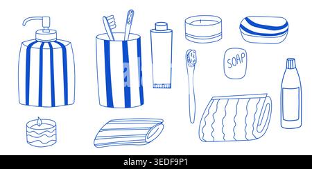 Doodle set with bath accessories. Linear blue illustration of bucket, soap, towels, shampoo and candle, toothbrush, toothpaste, shampo and other eleme Stock Vector