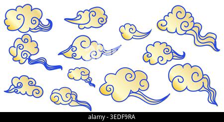 Set korean retro style golden clouds, asian illustration , line art vector decoration gold elements for banners, posters, cards Stock Vector