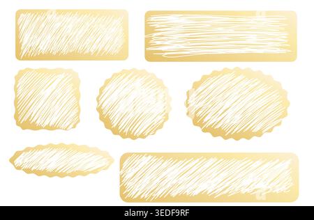 Gold scratch surfaces with new and scraped textures with Win, Prize and money winning text. Set of of winner lotteries, sale coupons, jackpot scratchc Stock Vector