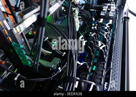 A close-up view of a server rack filled with cables and components demonstrating modern data center technology and networking efficiency. Stock Photo