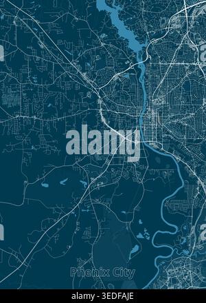 High-contrast, stylized urban map of Phenix City, Alabama, illustrating its street network and its relationship with the Chattahoochee River. Stock Vector