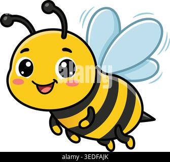 Cute baby bee cartoon character flying with happy smile and big glossy eyes Stock Vector