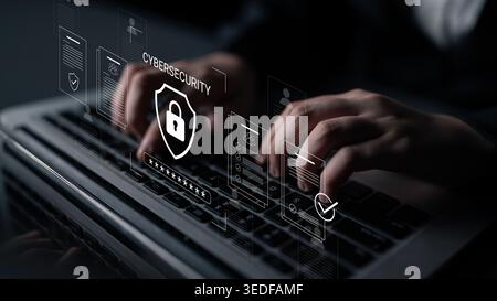 Close-up image showing hands on a laptop keyboard, surrounded by cybersecurity icons. This visual emphasizes technology, security, and the importance Stock Photo