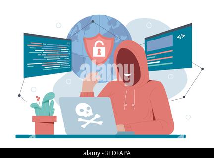 Anonymous hacker concept. Man in red hoody with laptop writes code for suspicious programs. Danger on Internet, virus and malware. Online identity Stock Vector