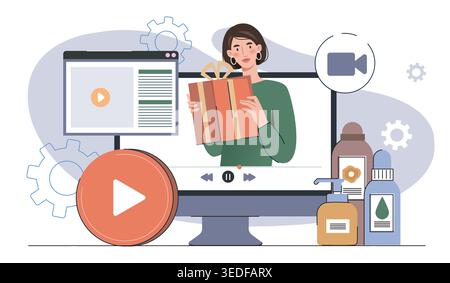 Blogger review concept. Woman with shopping bags on computer screen. Product promotion on social media, advertising with famous blogger. Users opinion Stock Vector