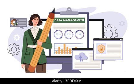 Data management concept. Woman with large pencil near graphs and charts. Business strategy and planning. Analyst conducts marketing research. Flat Stock Vector
