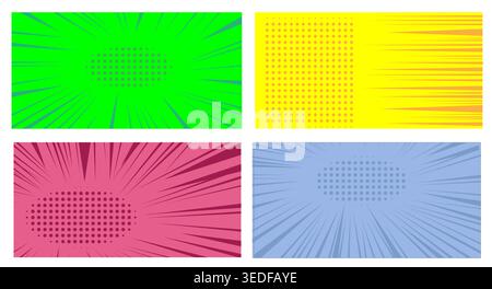 Manga set comic background with speed action effect. Vector radial green, red, yellow, blue line frame cartoon pattern anime explosion, black line com Stock Vector