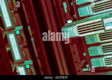 Close-up view of an advanced server within a modern data center, showcasing cutting-edge technology and infrastructure that supports high-performance Stock Photo