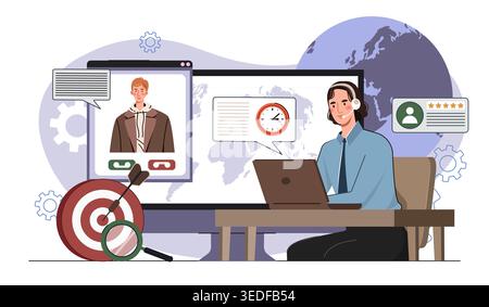 Call center concept. Woman in headset sits at workplace and answers customer questions. Consultation and technical support for users. Hotline operator Stock Vector