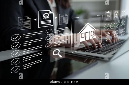 A business professional focused on real estate transactions using a laptop. Digital icons illustrate important documents and workflows in a modern Stock Photo