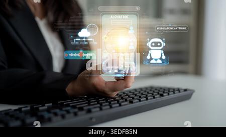 Businessperson Using Smart Technology for AI Chatbot Interface with Digital Icons on a Modern Smartphone, Futuristic Communication Concept in Office Stock Photo
