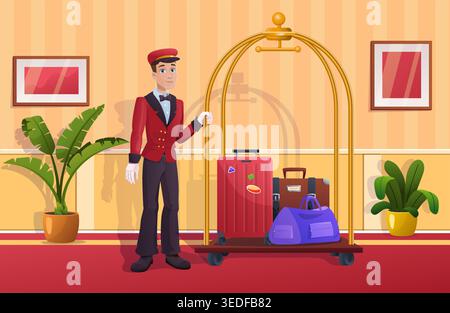 Lobby boy in hotel. Bellboy in red uniform near cart with luggage and baggage. Service for travelers and tourists. Motel worker in hall. Flat vector Stock Vector