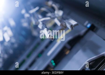 A detailed close-up image of network cables connected in a data center, showcasing modern technology used for high-speed data transmission and digital Stock Photo