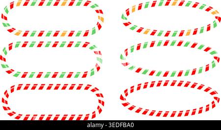 Set of frames twisted red and green, white  candy cane. Forms templates for the holiday.  oval. Vector isolated Stock Vector