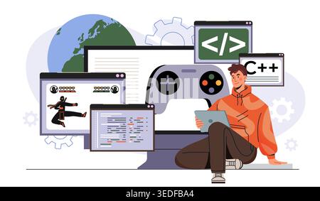 Game development concept. Man with tablet near computer and joystick. Gaming and virtual entertainment. Programmer writes code for videogames. Flat Stock Vector