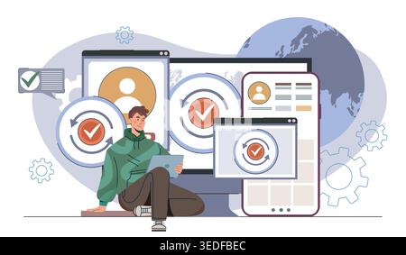Cross device syncing. Man with gadget sits near smartphone, computer, and tablet. Cloud storage and electronic archive. Updating and synchronization Stock Vector