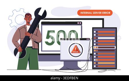Error 500 concept. Man with wrench near computer screen. Internal server error. Computer code issues and broken links. Maintenance work. Flat vector Stock Vector