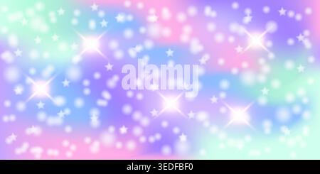 Rainbow gradient sky background. Unicorn space wallpaper with glitter and stars, bokeh. Holographic pastel magic texture with bokeh. Vector Stock Vector