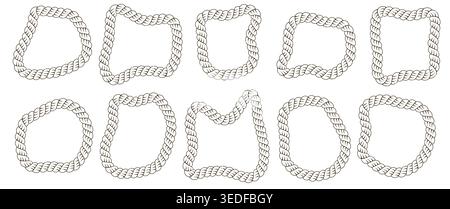 Set of rope borders in the pebble shape isolated on a white background. Vector design element of rope brush Stock Vector