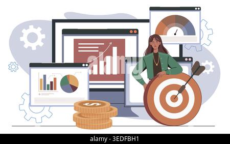 Financial increase concept. Woman with bullseye near coins, graphs and charts. Economy, investing and trading. Businesswoman with passive income. Flat Stock Vector