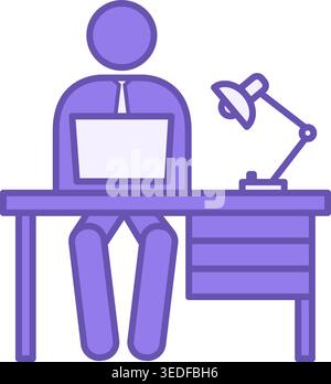 Colored Employee Icon. Vector Icon. Man Working on Laptop. Desk and Lamp. Office Concept Stock Vector