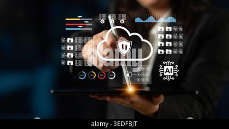 A business professional engages with cloud technology on a tablet, showcasing data security, digital interaction, and innovative concepts through Stock Photo