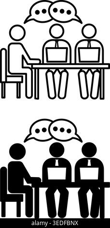 Meeting Icons. Black and White Vector Icons. Boss Holds Meeting with Employees. People Sit at the table, talking and working on their laptops. Office Stock Vector