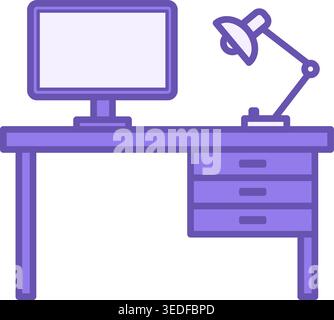 Colored Desk Icon. Vector Icon. Table, Computer, and Lamp. Furniture. Office Concept Stock Vector
