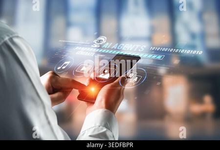 Modern Technology Interaction with Smartphone, Digital Interface, Music, Video, Social Media, AI Assistants in Contemporary Environment Fluxor. Stock Photo