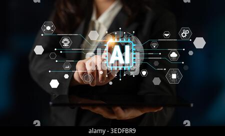 Business Professional Interacting with AI Technology on Tablet with Modern Graphical Interface Displaying Data and Icons in a Dark Background Fluxor. Stock Photo