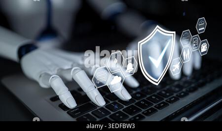 Futuristic Robot Hand Typing on Laptop with Cybersecurity Symbols Displayed in Digital Interface Design Quark. Stock Photo
